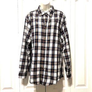 George Men's Plaid Navy Blue/Tan/White Long Sleeve Flannel Shirt-Med (38-40)